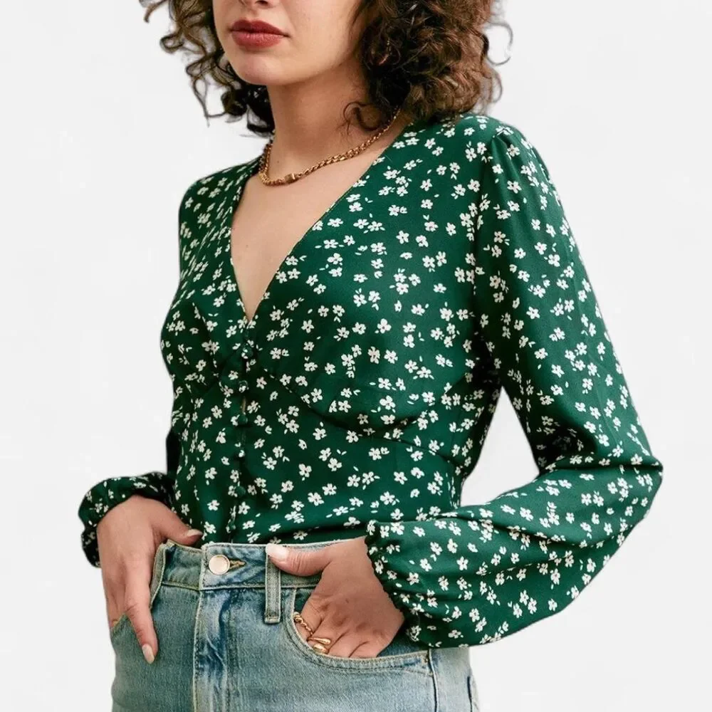 Reformation Nell Top in Annette Green Floral – Cottage Romance Blouse Small